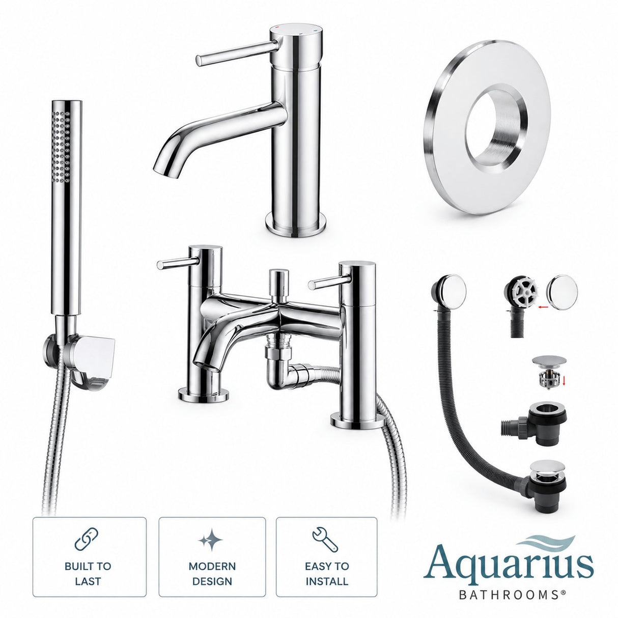 Aquarius Bathrooms Bath Shower Mixer Chrome Aquarius RF-Series Complete Bath and Basin Brassware Pack with Basin Tap, Bath and Shower Mixer and Wastes