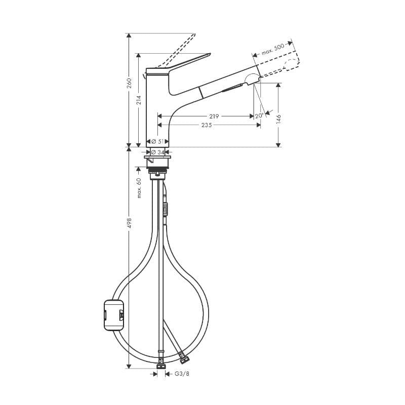 UK Bathroom Store Kitchen Tap Hansgrohe Zesis M33 Single Lever Kitchen Mixer Tap 150 with Pull-Out Spray
