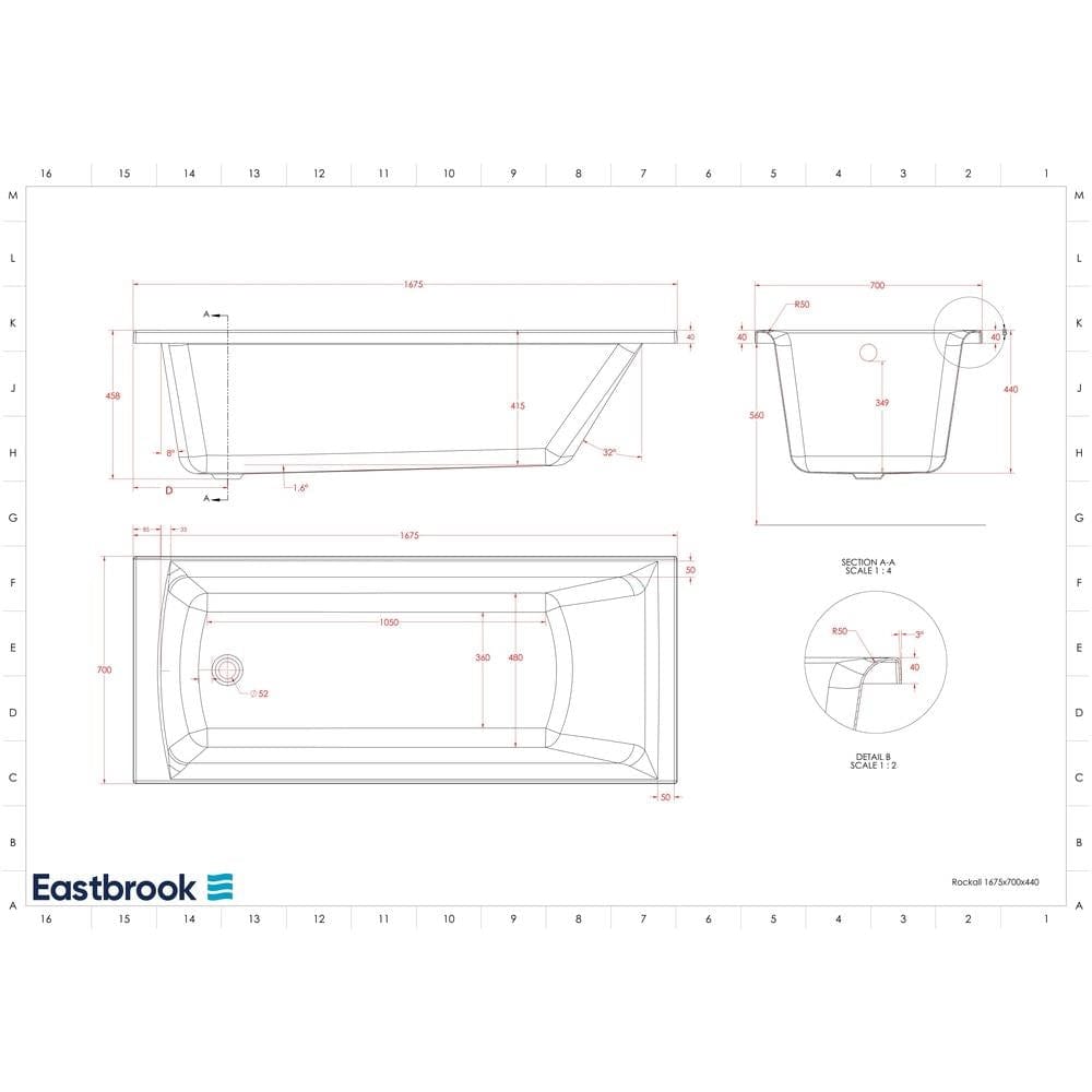 Eastbrook Single Ended Bath 1675 x 700mm / 5mm Eastbrook Rockall Single Ended Bath