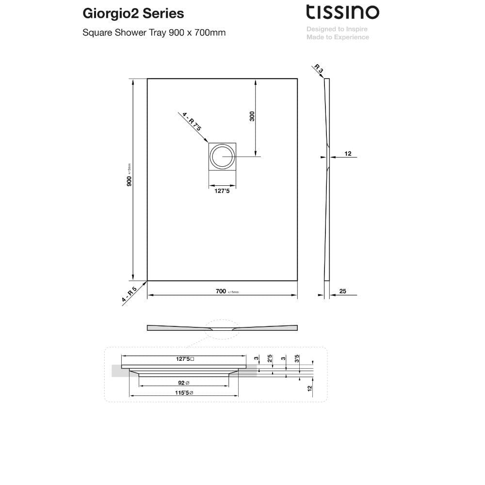 Tissino Rectangle Shower Tray 900 x 700mm Tissino Giorgio2 Rectangle Shower Tray in Graphite Slate