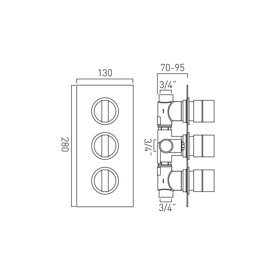 VADO Concealed Shower Valve Vado Notion 2 Outlet 3 Handle Vertical Thermostatic Shower Valve in High Shine Polished Chrome