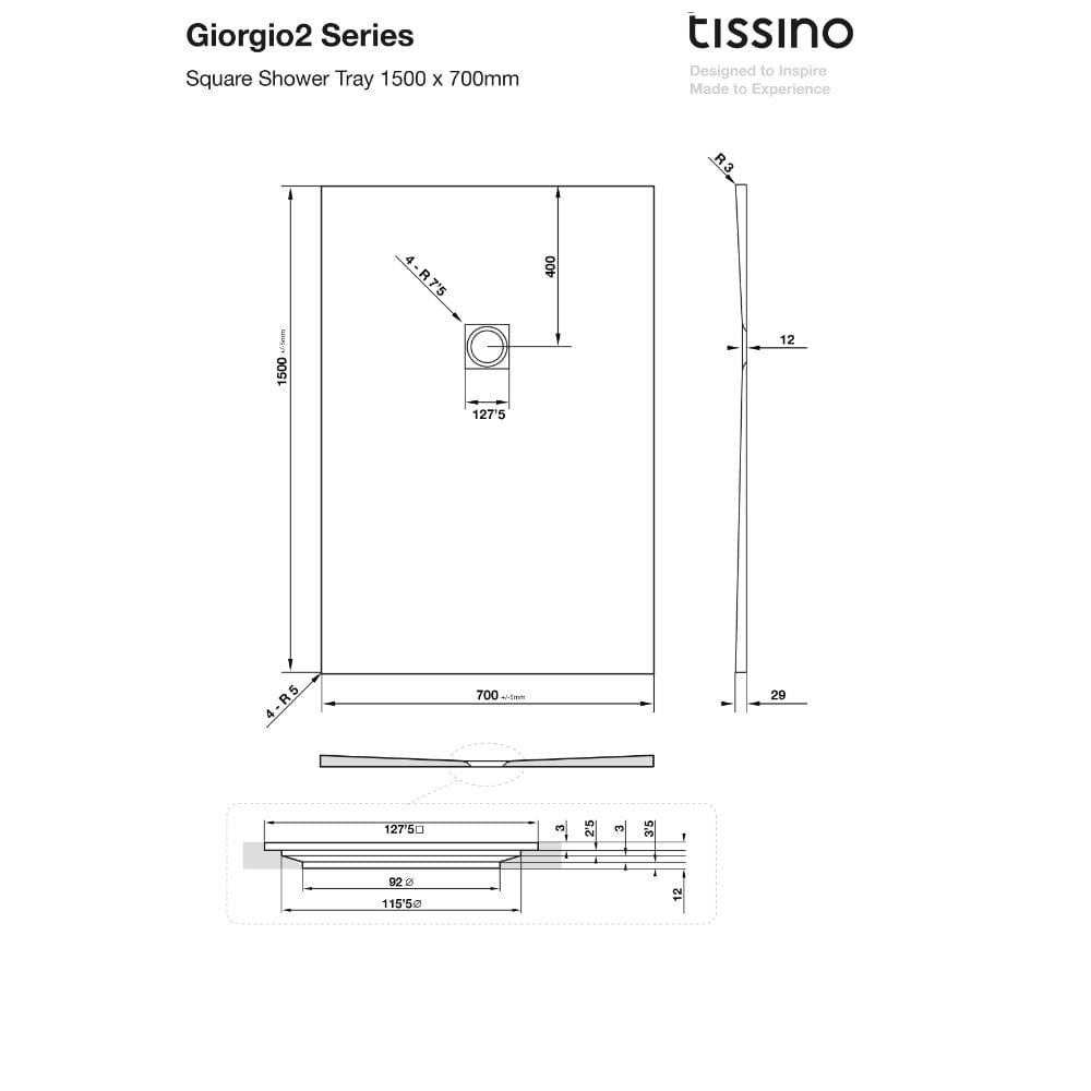 Tissino Rectangle Shower Tray 1500 x 700mm Tissino Giorgio2 Rectangle Shower Tray in Black Slate