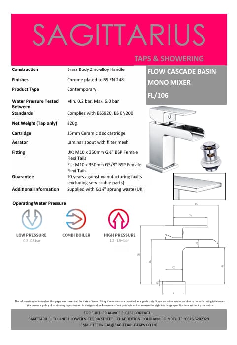 Sagittarius Mono Basin Tap Sagittarius Flow Cascade Monobloc Basin Mixer Tap with Sprung Waste - Chrome