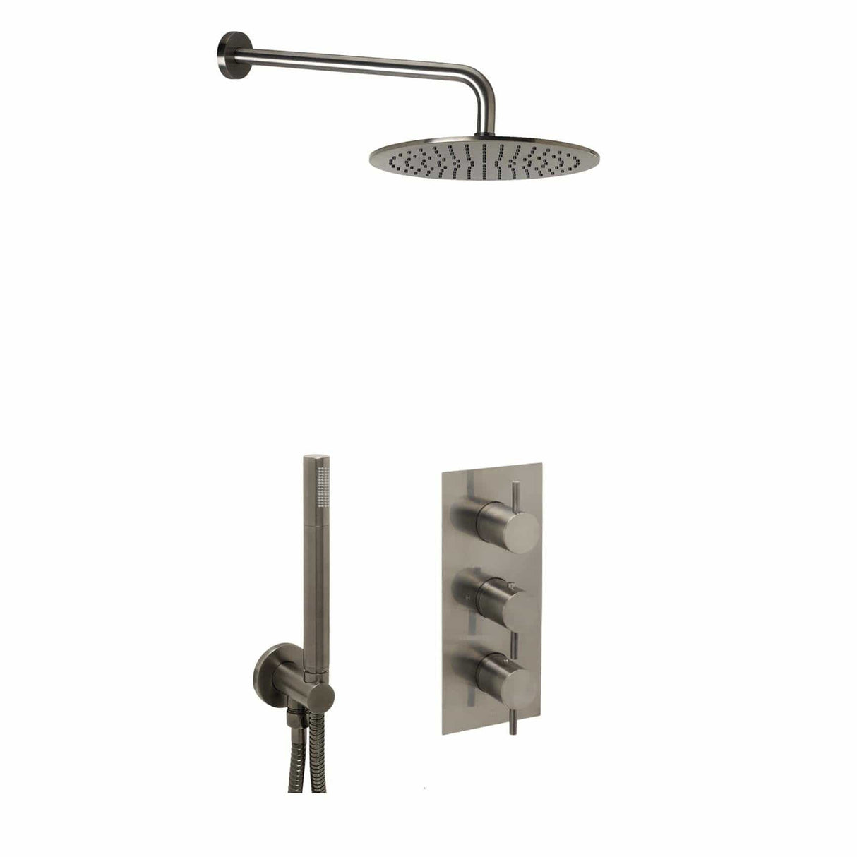 JTP Concealed Shower Set Brushed Black JTP VOS Thermostatic Concealed Dual Outlet, 3 Handle Shower Kit with Showerhead and Headset