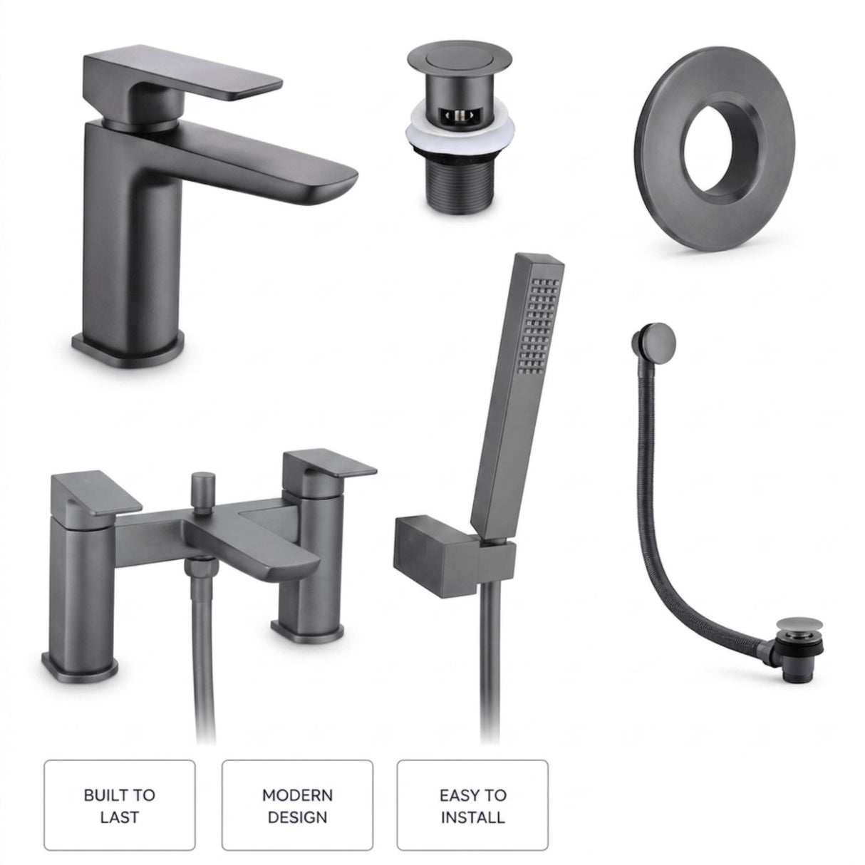 Aquarius Bathrooms Bath Shower Mixer Gunmetal Grey Aquarius Hydro Complete Bath Brassware Pack with Basin Mixer, Bath and Shower Mixer