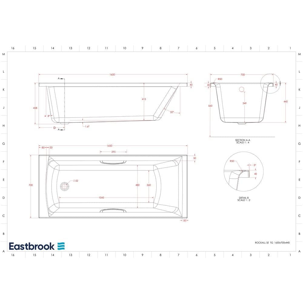 Eastbrook Single Ended Bath 1650 x 700mm / 5mm Eastbrook Rockall Single Ended Bath with Twin Grips