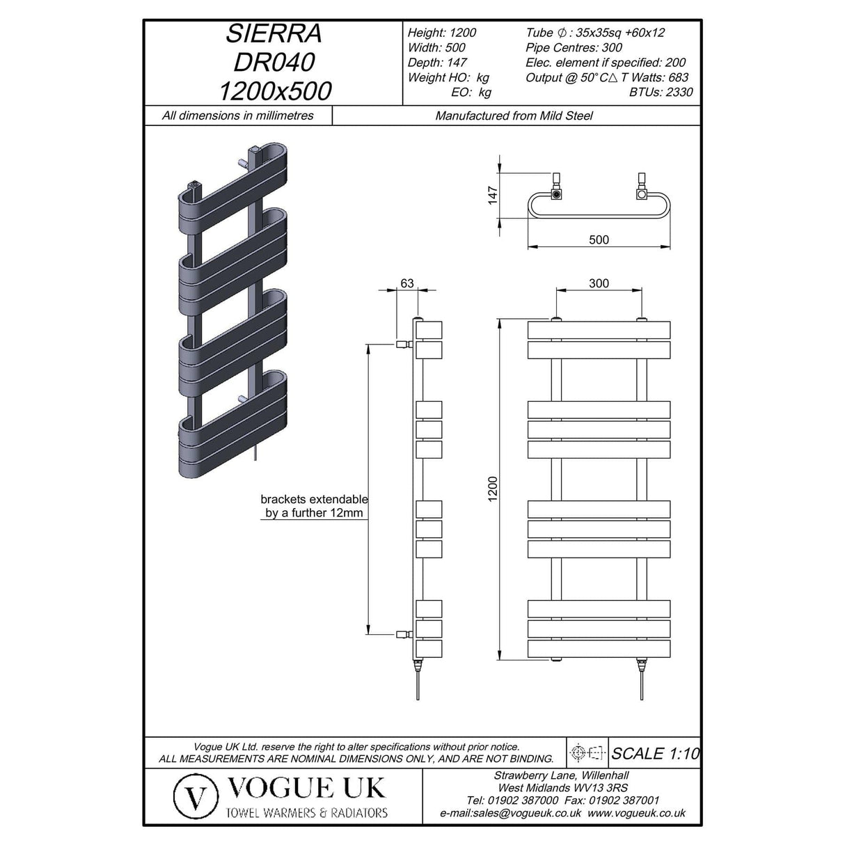 Vogue Designer Towel Radiator 1200 x 500 / Electric Vogue Sierra Designer Towel Rail in Anthracite