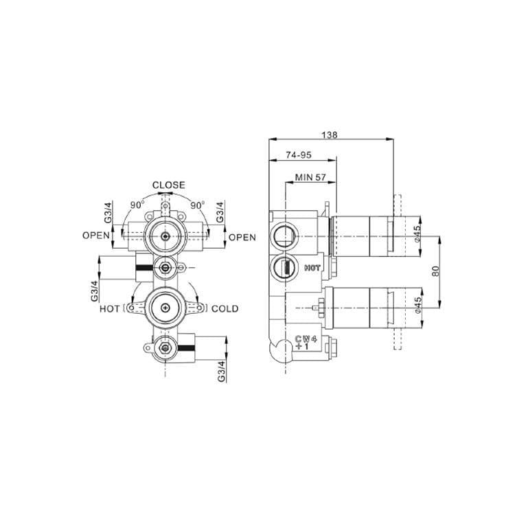 Crosswater Concealed Shower Valve Crosswater MPRO 2 Outlet, 2 Handles Concealed Thermostatic Shower Valve (Shower/Handset)