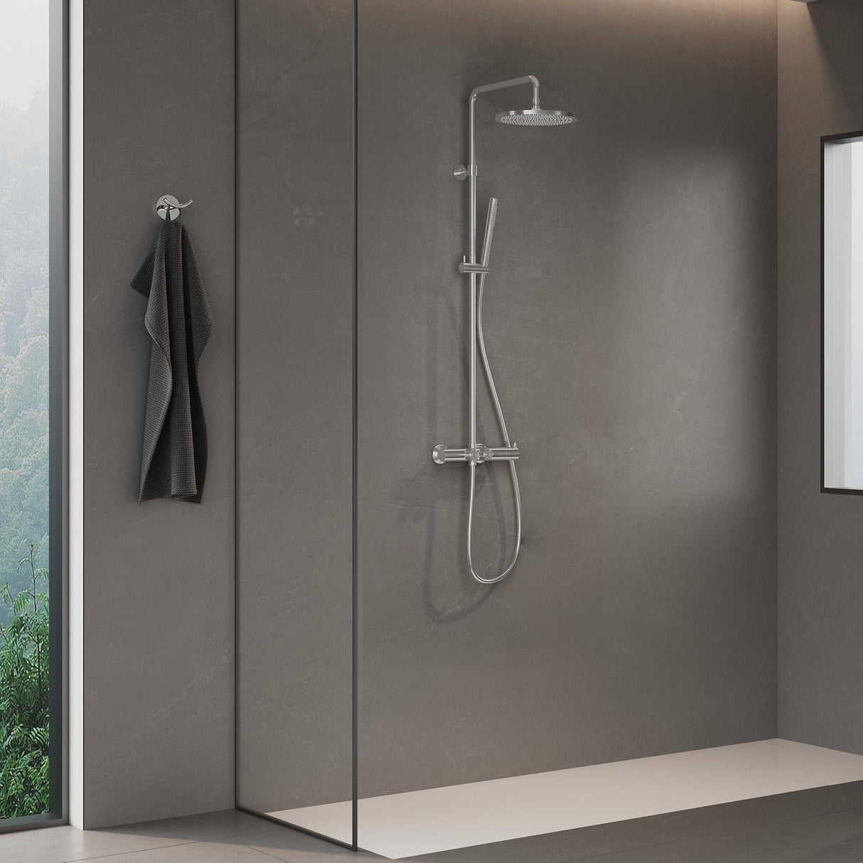 Flova Exposed Shower Set Brushed Nickel Flova Moonlight GoClick Thermostatic Shower Valve Set with Adjustable Riser, Rainshower Head and Pencil Handset