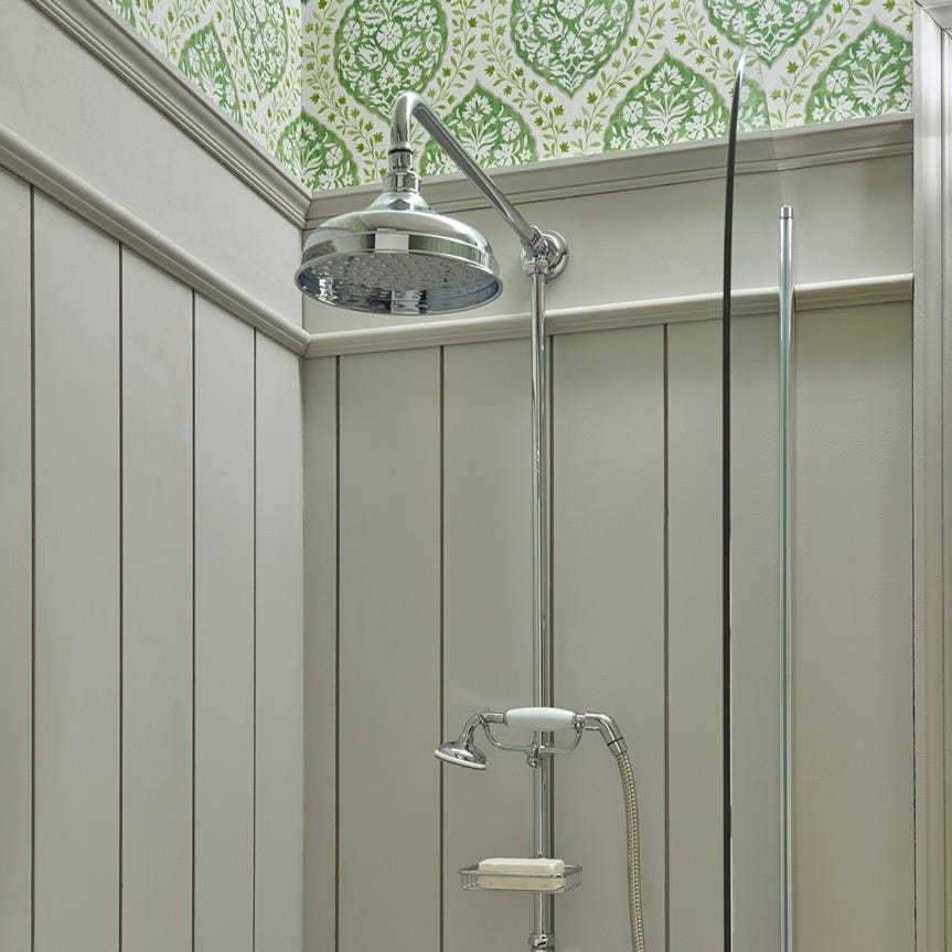 Heritage Exposed Shower Set Heritage Trinity Exposed Thermostatic Shower Valve with Shower Head and Fixed Riser Rail Set in Chrome