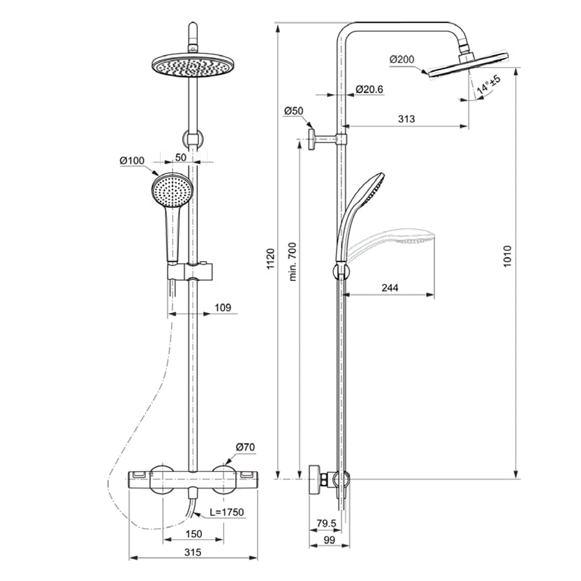 Ideal Standard Exposed Shower Set Ideal Standard Ceratherm T25 Exposed Thermostatic Shower Valve Set with Showerhead, Adjustable Riser and Handset in Black