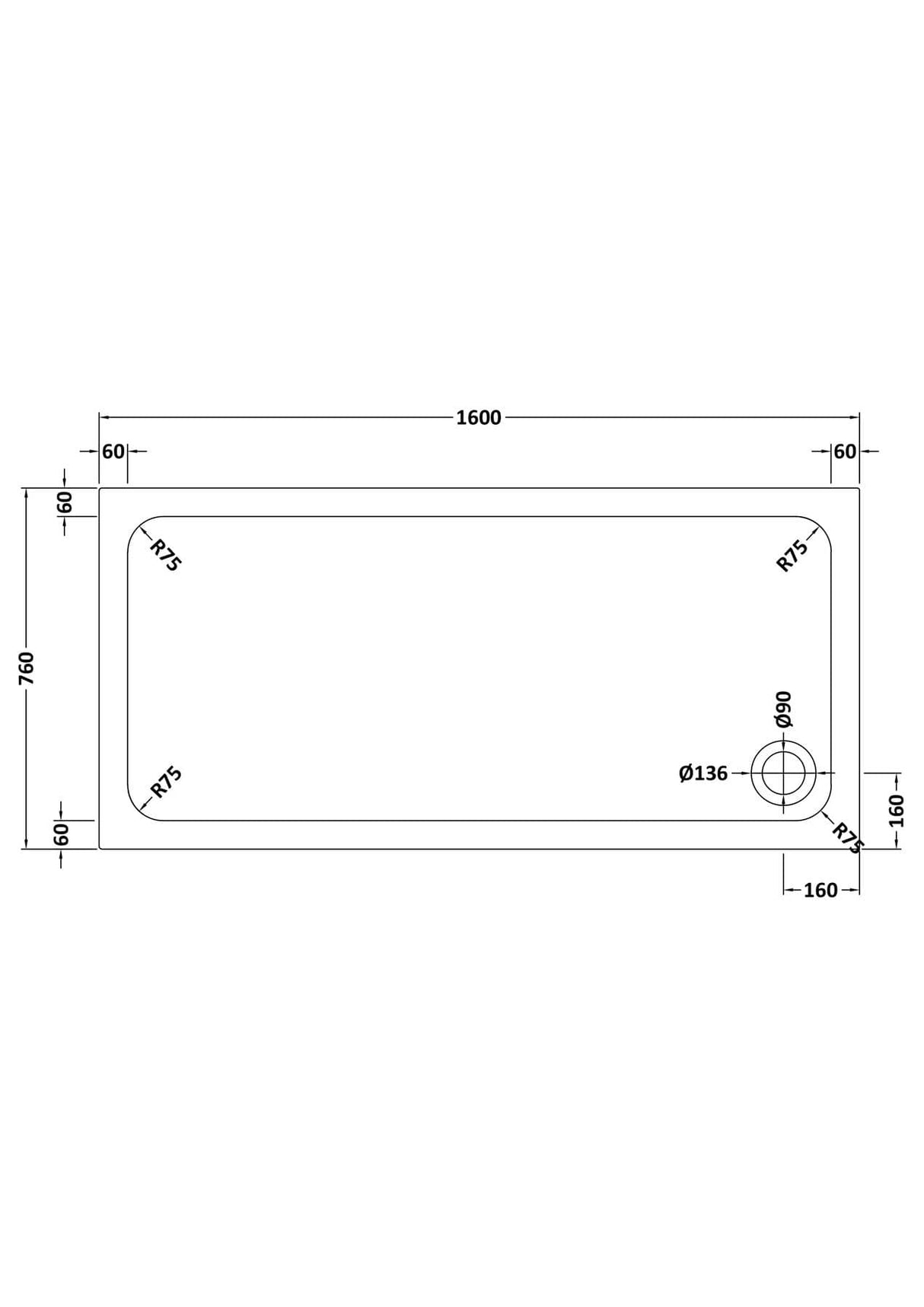 Aquarius Bathrooms Rectangle Shower Tray 1600x760mm Aquarius Urbano Rectangular 45mm Stone Resin Shower Tray in White