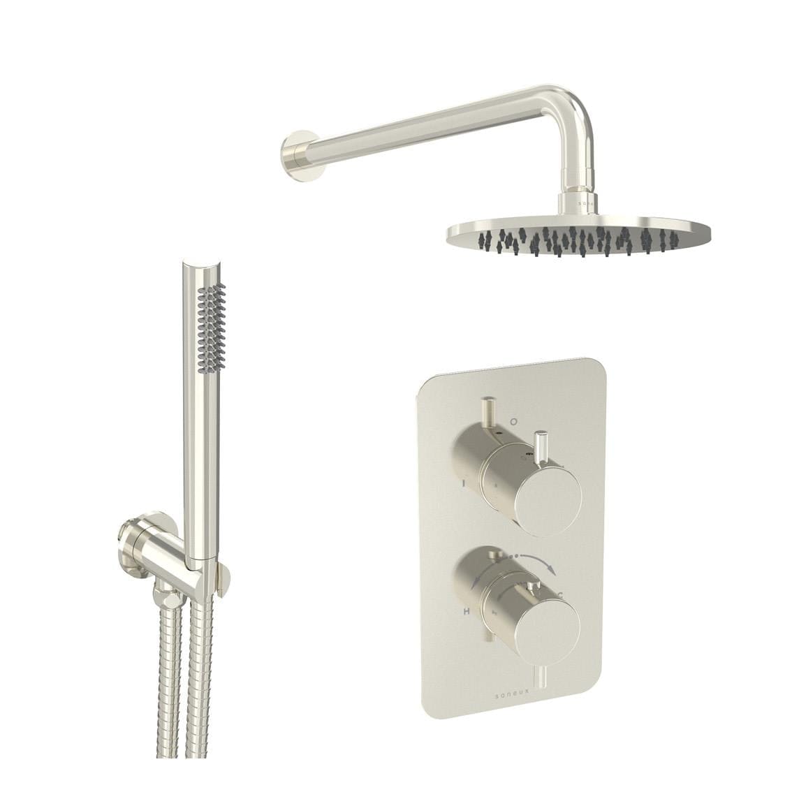 Saneux Concealed Shower Set Brushed Nickel Saneux COS 2 Outlet, 2 Handle Concealed Shower Valve Kit with Pencil Handset and 200mm Shower Head