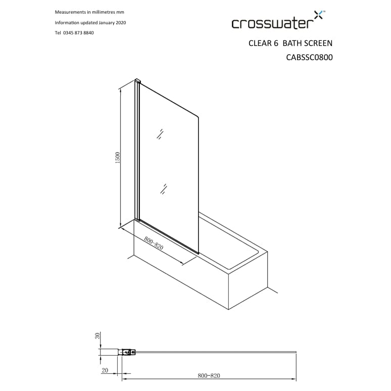 Crosswater Bath Screen Crosswater Clear 6 Single Panel Hinged Bath Screen 800mm