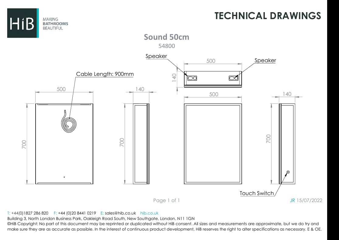 HiB Mirrored Cabinet 500 x 700mm HiB Sound LED Bluetooth Speaker Mirror Cabinet