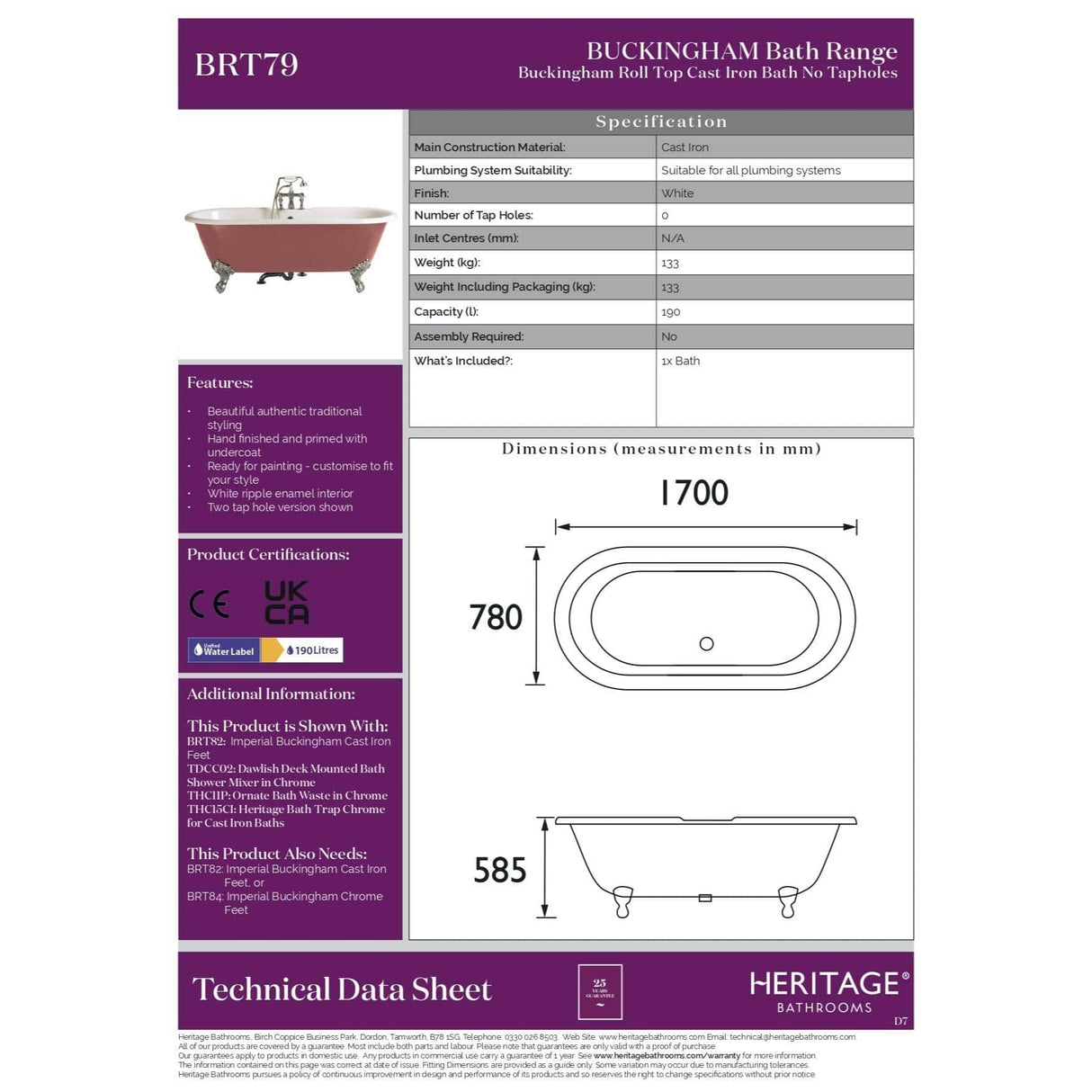 Heritage Roll Top and Slipper Freestanding Bath 0 / Imperial Chrome Feet Heritage Buckingham Freestanding Cast Iron Bath with Feet