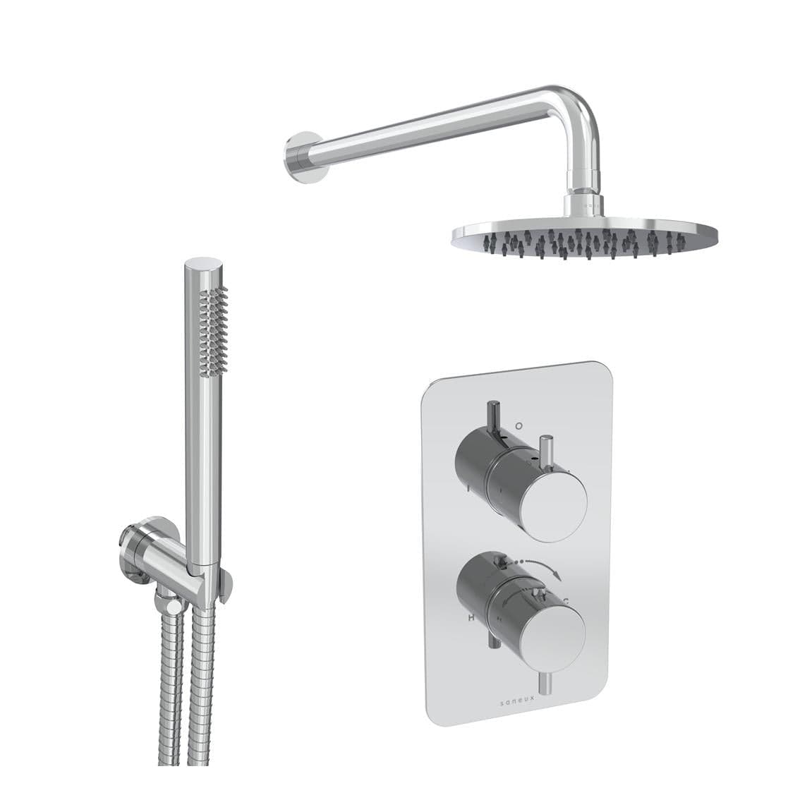 Saneux Concealed Shower Set Chrome Saneux COS 2 Outlet, 2 Handle Concealed Shower Valve Kit with Pencil Handset and 200mm Shower Head
