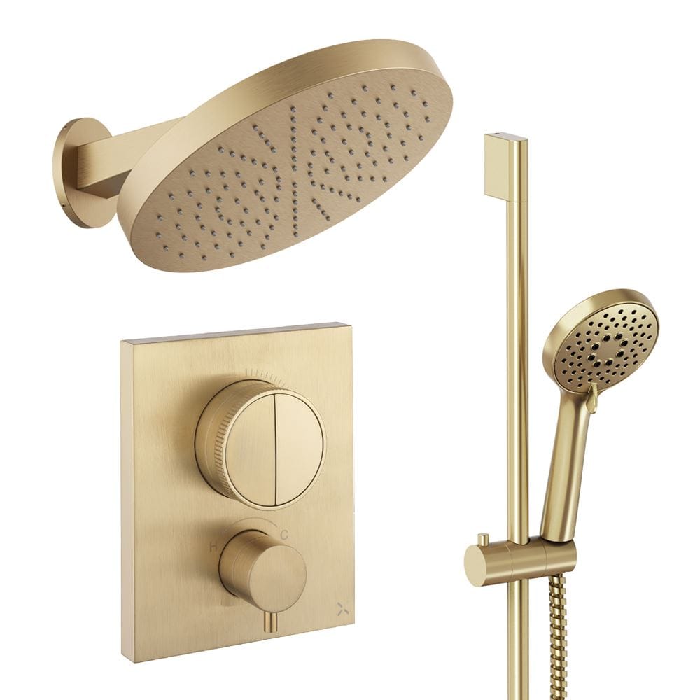 UK Bathroom Store Concealed Shower Set Brushed Brass Crosswater Crossbox Push Shower Set 5 - 2 Outlet with Revive Steel Overhead Shower and Slide Rail Kit