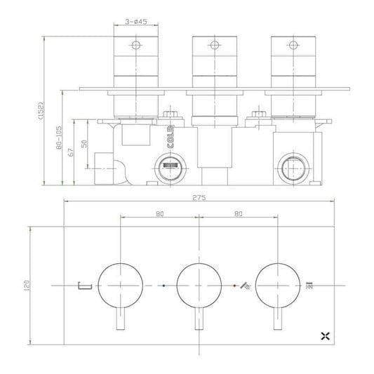 Crosswater Concealed Shower Valve Crosswater MPRO 3 Outlet, 3 Handle Horizontal Concealed Thermostatic Shower Valve