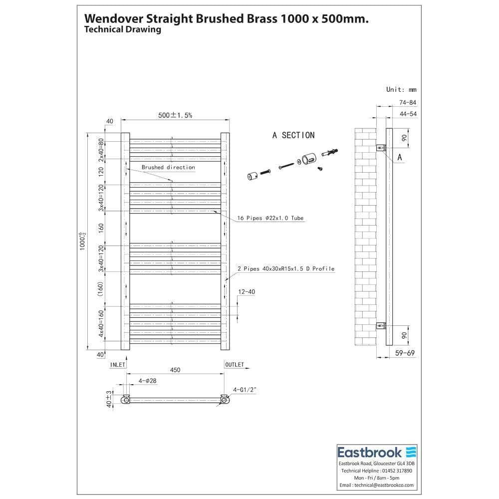 Eastbrook Wendover Straight Heated Towel Rail in Brushed Brass