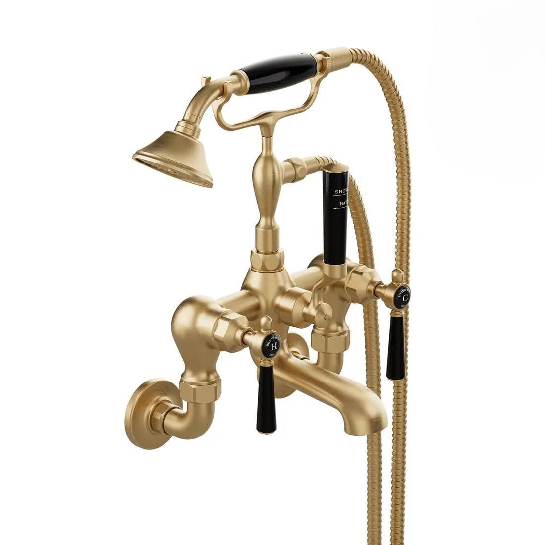 Vado Bath Shower Mixer Brushed Brass/Black Booth & Co. Axbridge Lever Wall Mounted Bath Shower Mixer with Traditional Shower Handset