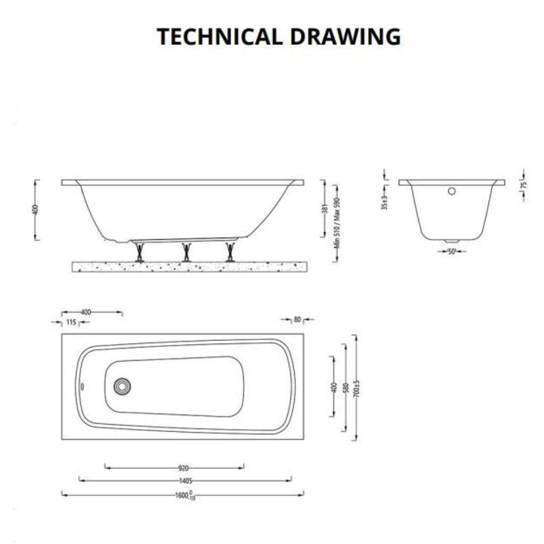 Aquarius Single Ended Bath 1600 x 700 Aquarius Agar Single Ended Reinforced Bath