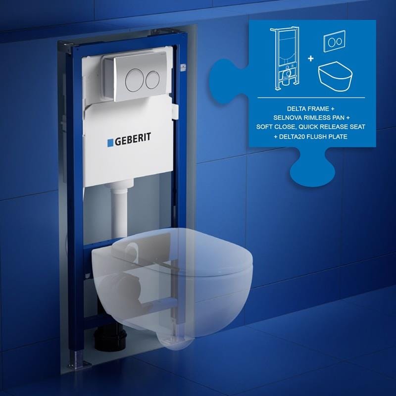 UK Bathroom Store Wall Hung Toilet Geberit Selnova Wall-Hung Rimless Toilet with Frame, Cistern, Flush Plate and Soft Close Seat Pack