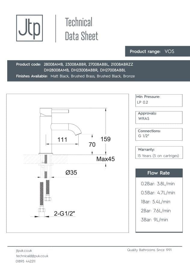 JTP Mono Basin Tap JTP VOS Single Lever Basin Mixer Tap