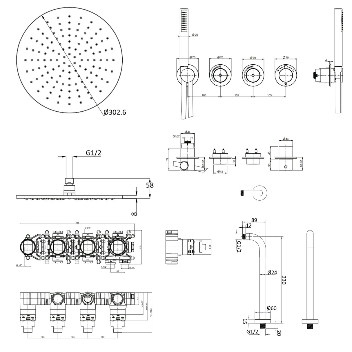UK Bathroom Store Concealed Shower Set Crosswater Module Shower Set 8 - 2 Outlet with Pencil Handset and Overhead Shower