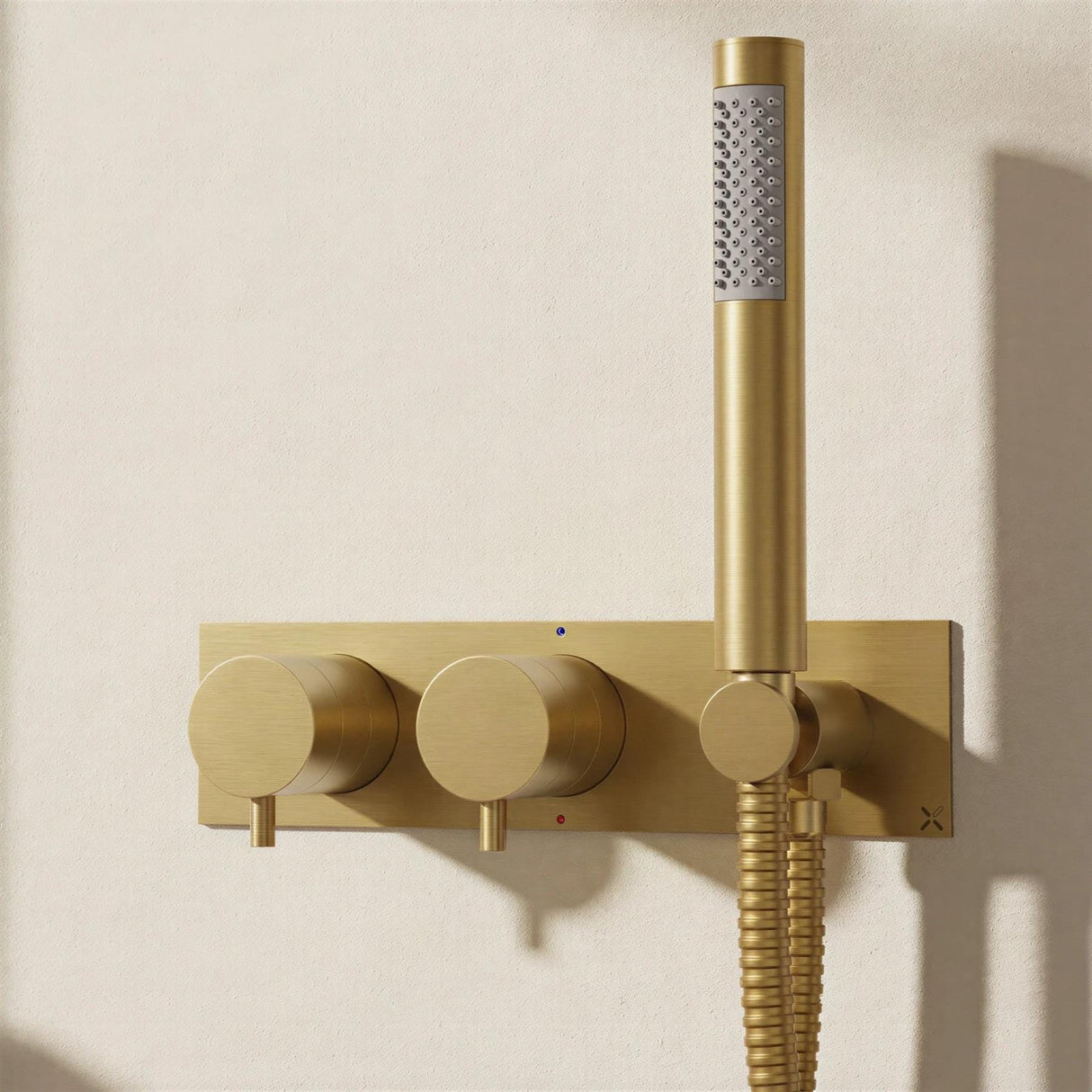 Crosswater Concealed Shower Valve Brushed Brass Crosswater MPRO 2 Outlet, 2 Handle Horizontal Concealed Thermostatic Shower Valve with Handset