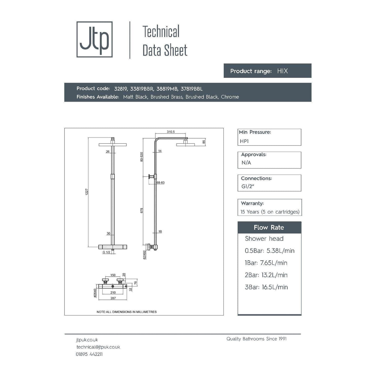 JTP Exposed Shower Set JTP HIX Thermostatic Shower Bar Valve with Adjustable Riser, Shower Head and Handset