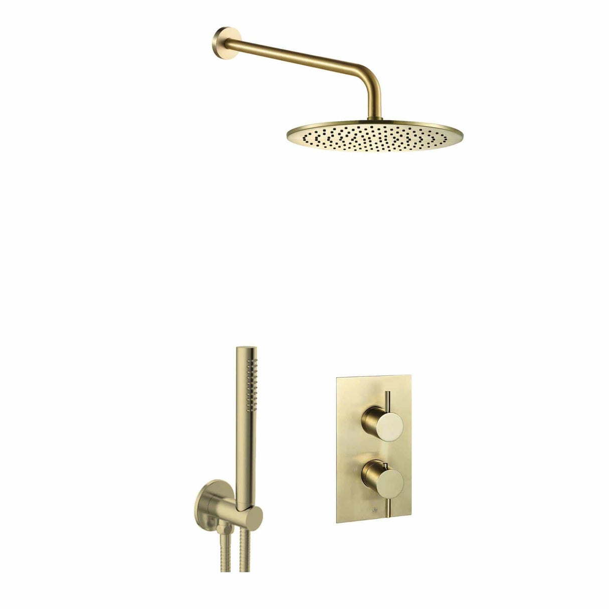 JTP Concealed Shower Set Brushed Brass JTP VOS Thermostatic Concealed Dual Outlet, 2 Handle Shower Kit with 200mm Showerhead and Handset