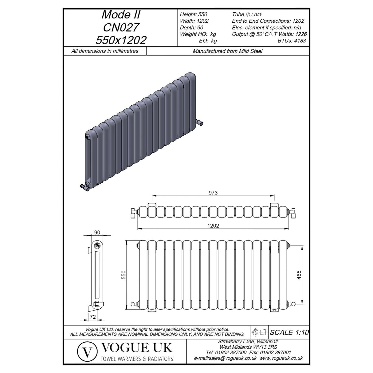 Vogue Column Radiators 550 x 1202mm Vogue Mode II Traditional 2 Column Radiator in White