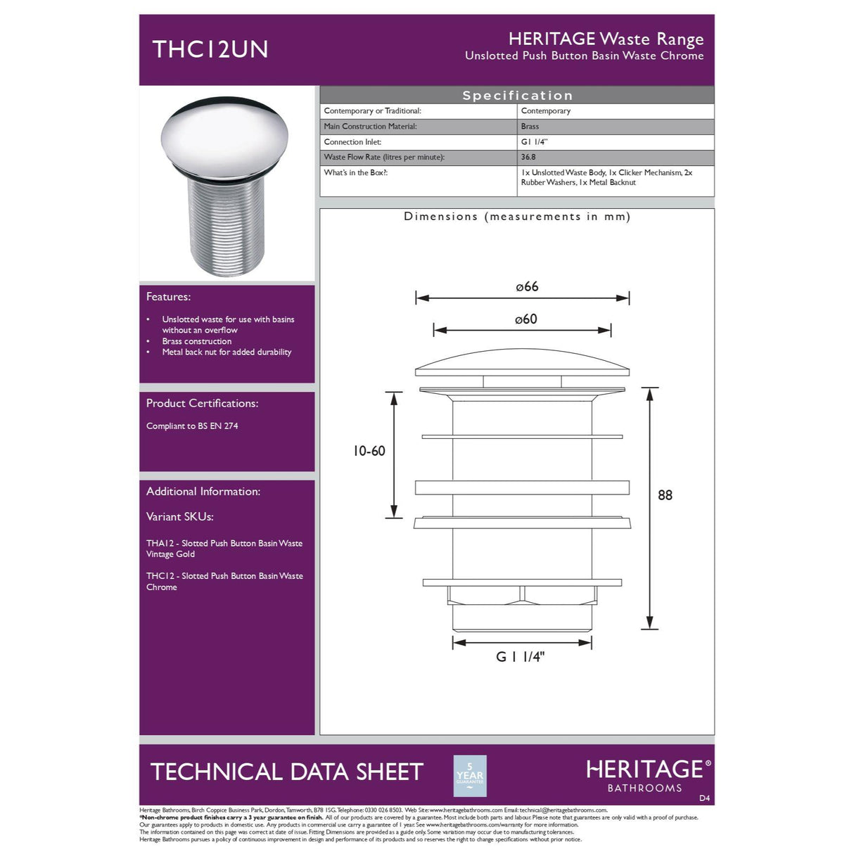 Heritage Unslotted Clicker Basin Waste
