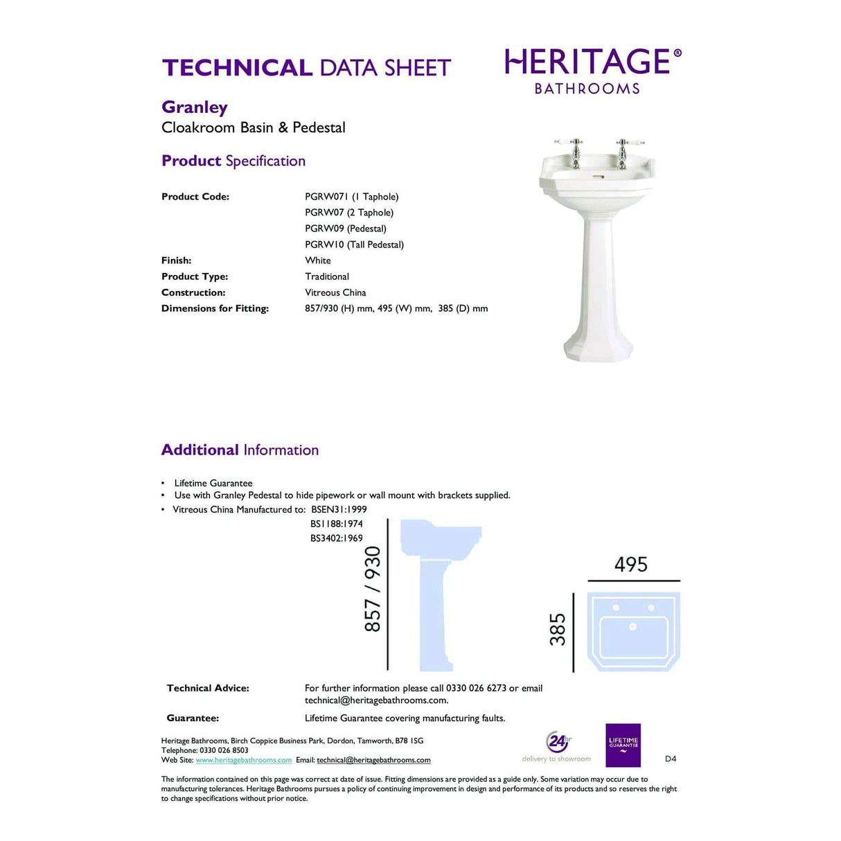 Heritage Pedestal Basin Heritage Granley Cloakroom Basin with Pedestal