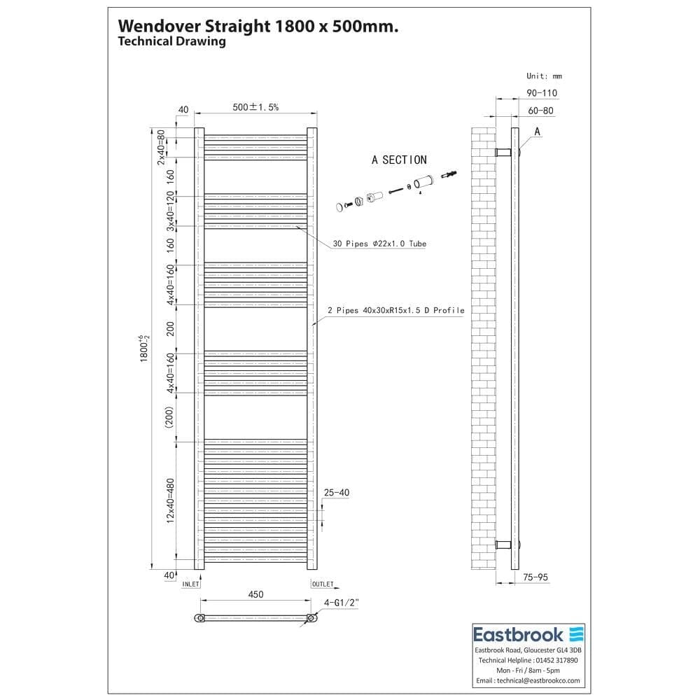 Eastbrook Wendover Straight Vertical Heated Towel Rail in White