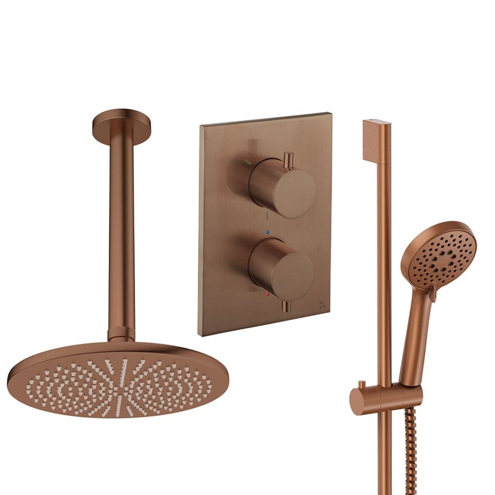 UK Bathroom Store Concealed Shower Set Brushed Bronze / Ceiling Arm / 300mm Crosswater Crossbox Shower Set 4 - 2 Outlet with Riser Rail Kit and Fixed Overhead Showerhead