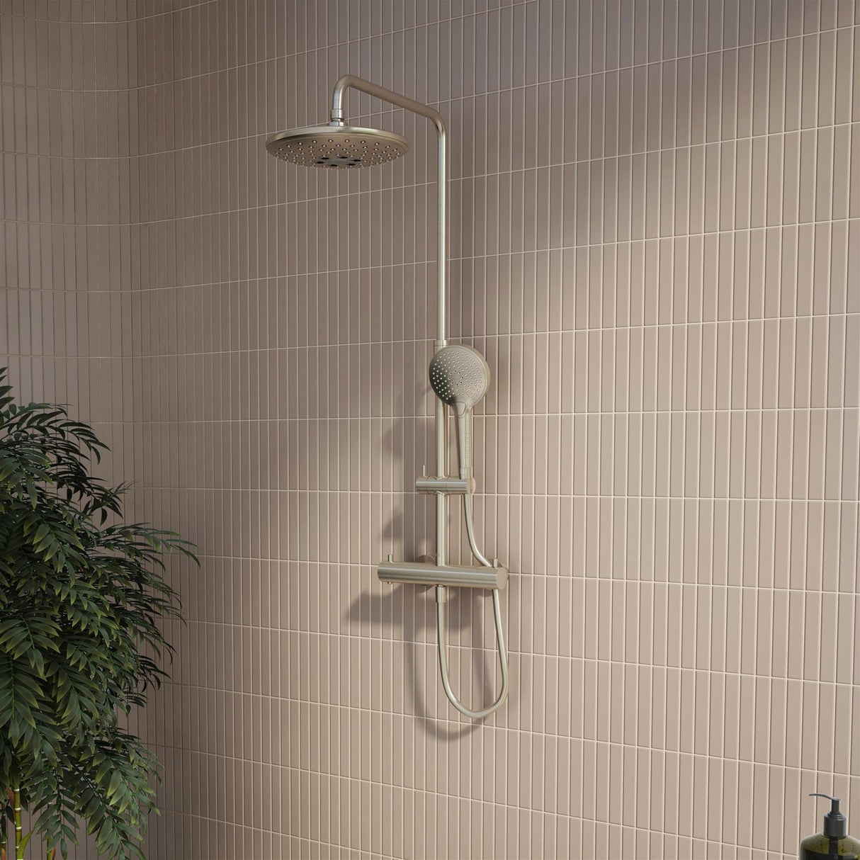 VitrA Exposed Shower Set Brushed Nickel VitrA Aquaheat Bliss Exposed Thermostatic Shower Valve Set with Adjustable Riser Shower Head and Handset