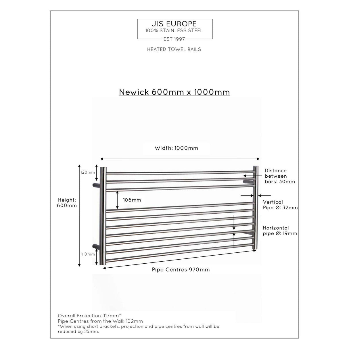 JIS Sussex Newick Horizontal Stainless Steel Heated Towel Rail