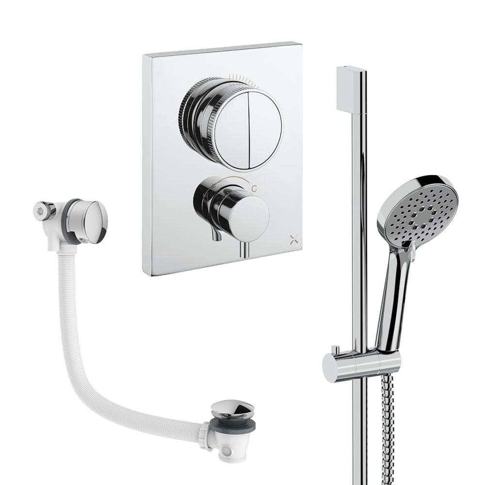 UK Bathroom Store Concealed Shower Set Chrome Crosswater Crossbox Push Shower Set 4 - 2 Outlet with Slide Rail Kit and Overflow Bath Filler Waste