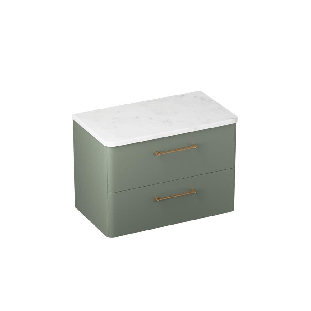 Britton Wall Mounted Vanity Unit Earthy Green / Carrara Marble Effect Worktop / Brushed Brass Britton Camberwell Wall Mounted 800mm Vanity Unit with Basin or Worktop