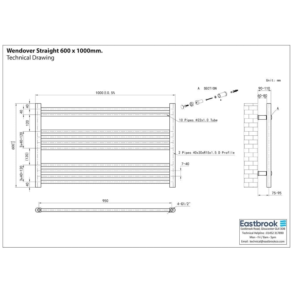 Eastbrook Ladder Rail Eastbrook Wendover Straight Heated Towel Rail in Chrome