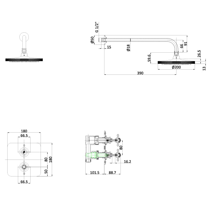 Burlington Concealed Shower Set Burlington Guild Square 1 Outlet, 2 Handle Concealed Thermostatic Shower Valve with Fixed Shower Arm and Head
