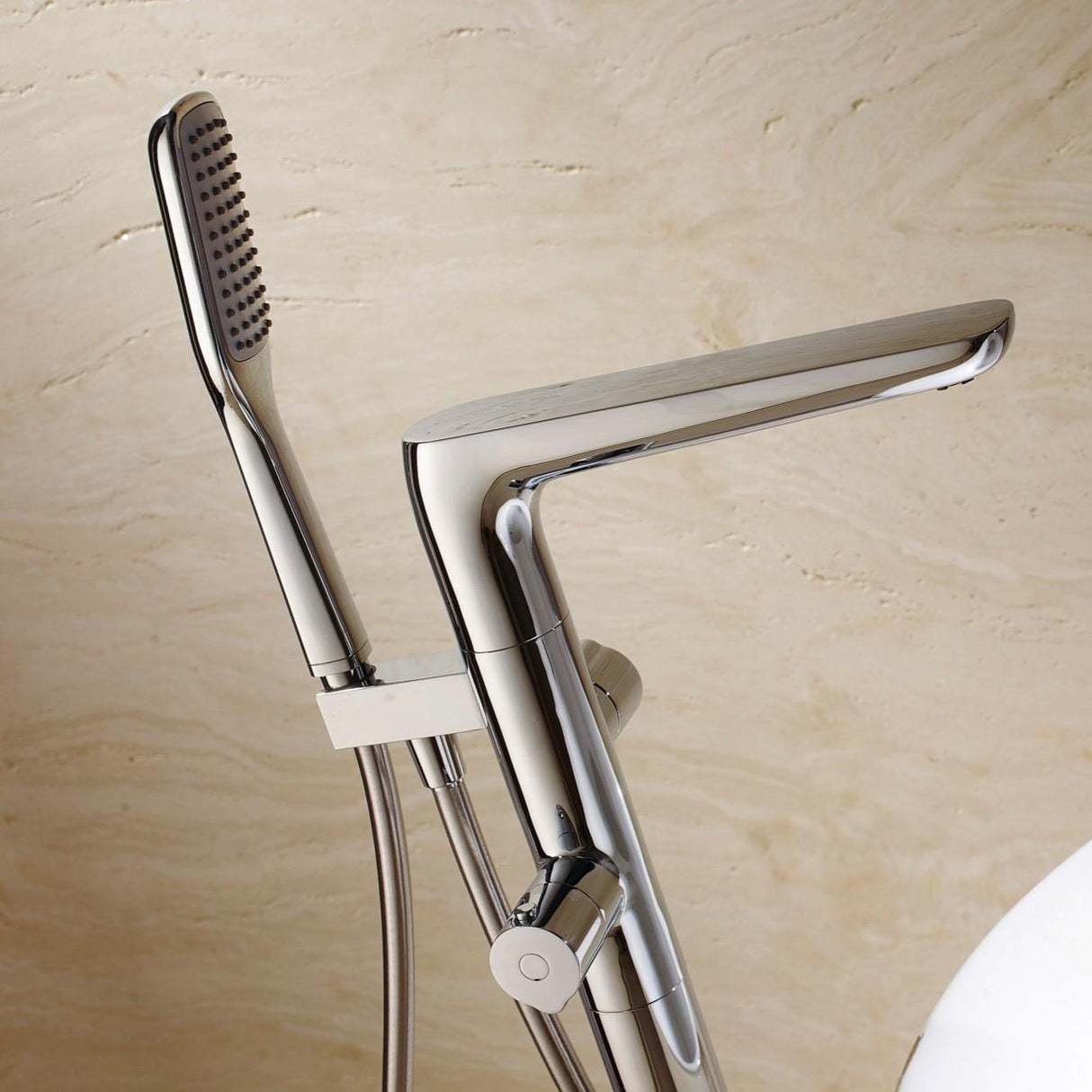 Flova Freestanding Bath Filler Flova Allore Thermostatic Floor Standing Bath and Shower Mixer with Shower Set in Diamond Chrome