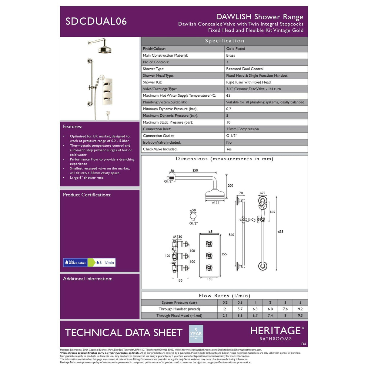 Heritage Dawlish Concealed Shower with Premium Fixed Head and Flexible Kit