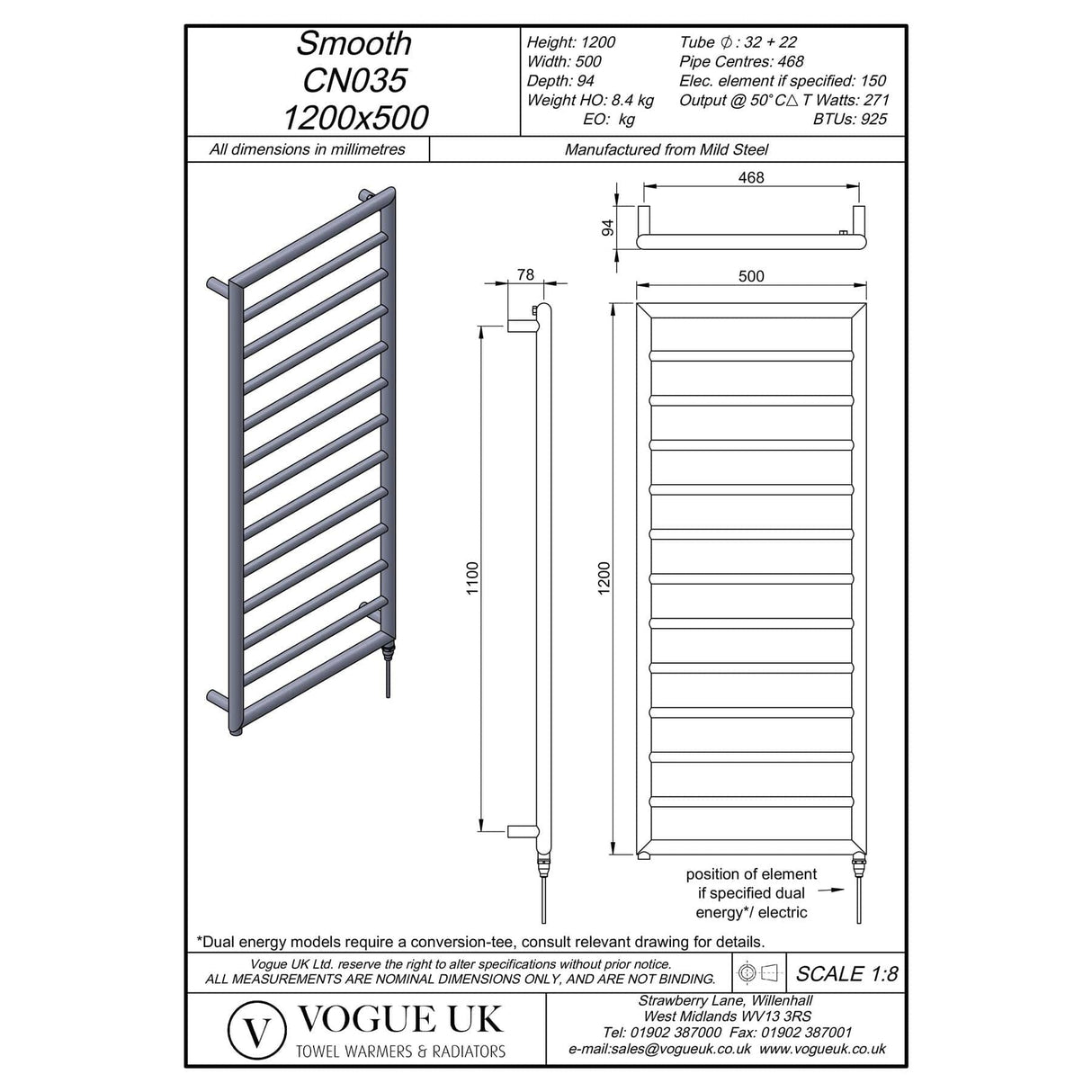 Vogue Designer Towel Radiator 1200 x 500 / Electric Only Vogue Smooth Straight Vertical Designer Towel Rail in Chrome