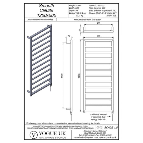 Vogue Designer Towel Radiator 1200 x 500 / Electric Only Vogue Smooth Straight Vertical Designer Towel Rail in Chrome