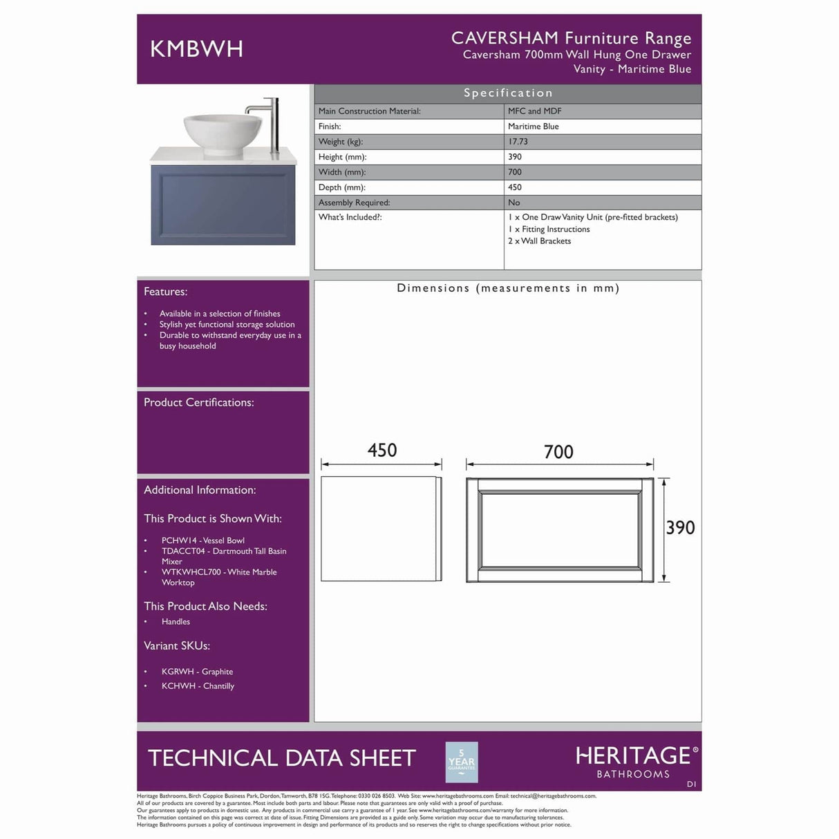Heritage Wall Mounted Vanity Unit Heritage Caversham Wall Mounted Vanity Unit with Basin or Worktop - 700mm - One Drawer