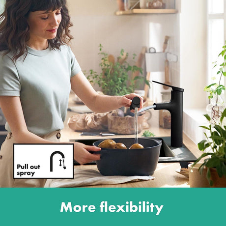 UK Bathroom Store Kitchen Tap Matt Black Hansgrohe Zesis M33 Single Lever Kitchen Mixer Tap 160 with Pull-Out Spray