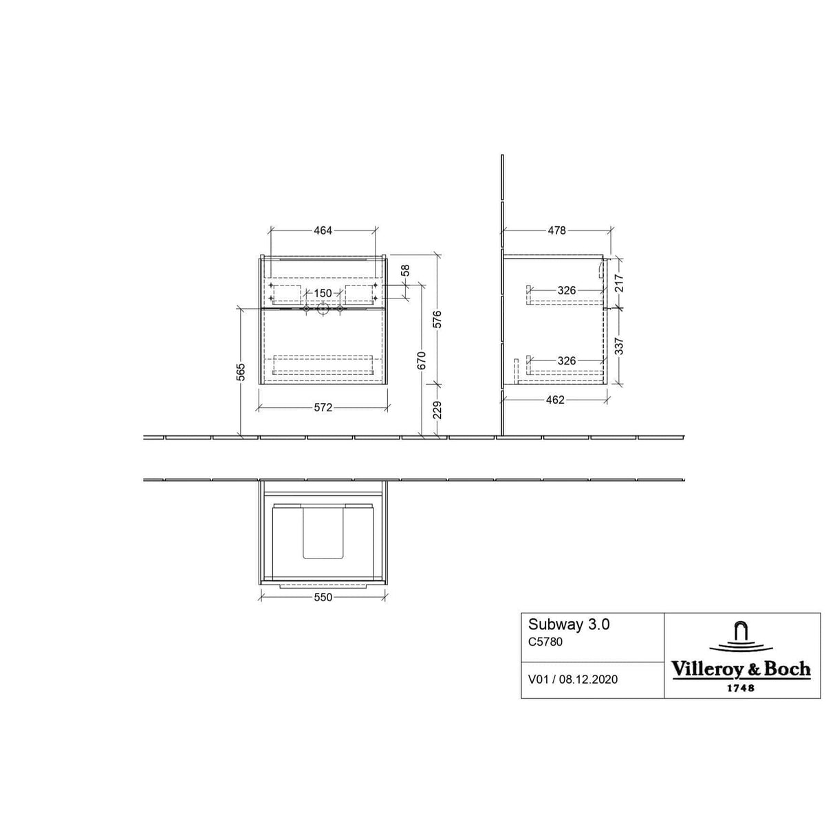 Villeroy & Boch Wall Mounted Vanity Unit Villeroy & Boch Subway 3.0 Wall Hung 600mm Two Drawer Vanity Unit with Basin